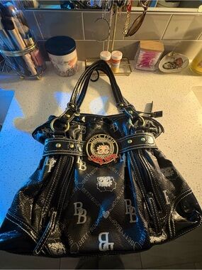 Betsey Johnson Black Patent Shoulder Bag with Character Medallion